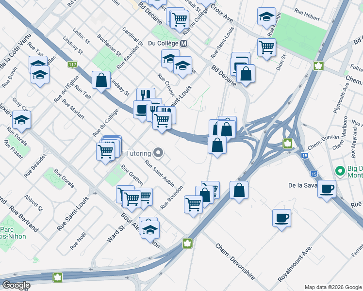 map of restaurants, bars, coffee shops, grocery stores, and more near 1900 Rue Suzanne-Coallier in Montréal