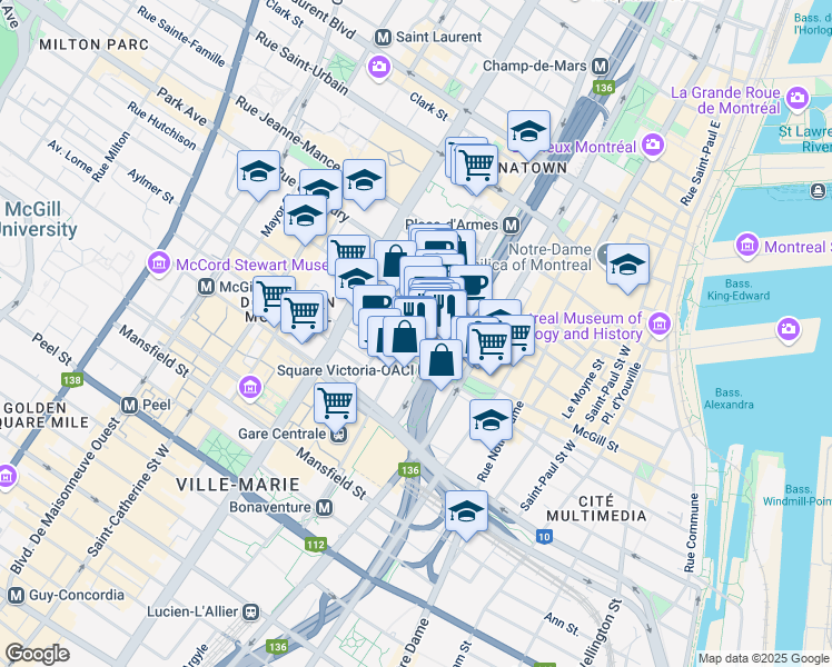 map of restaurants, bars, coffee shops, grocery stores, and more near 481 Avenue Viger Ouest in Montréal