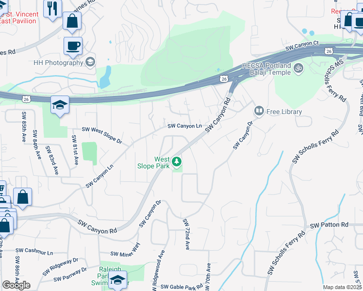 map of restaurants, bars, coffee shops, grocery stores, and more near 7201 Southwest Canyon Road in Portland