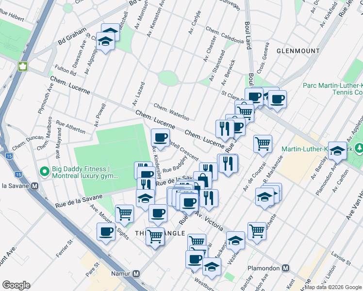 map of restaurants, bars, coffee shops, grocery stores, and more near 7661 Rue Ostell Crescent in Montréal