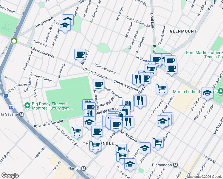 map of restaurants, bars, coffee shops, grocery stores, and more near 7661 Rue Ostell Crescent in Montréal