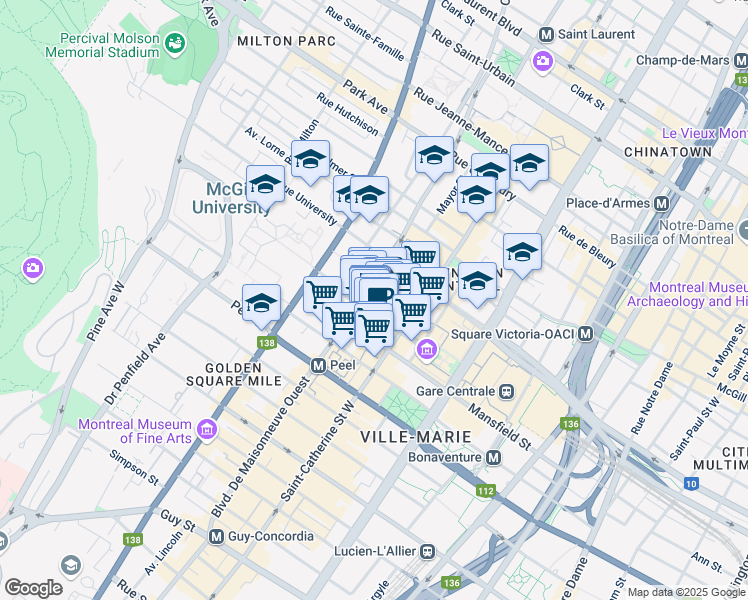 map of restaurants, bars, coffee shops, grocery stores, and more near 1500 McGill College Avenue in Montreal