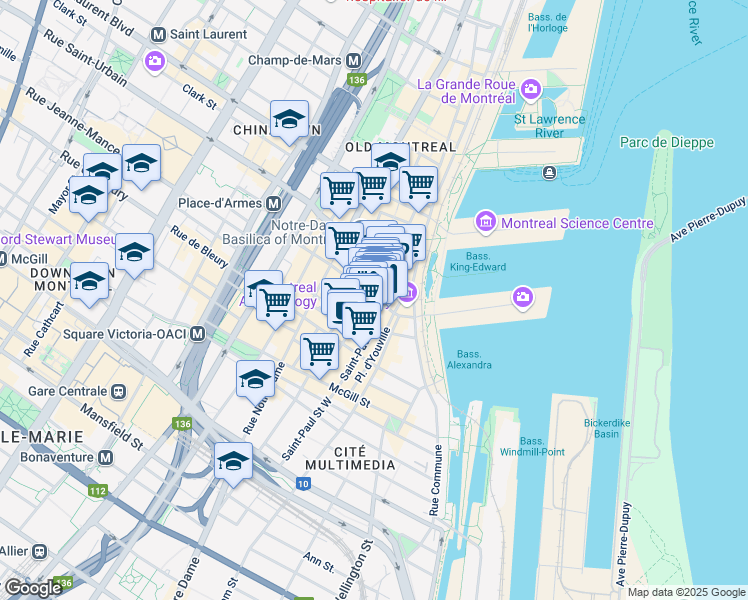 map of restaurants, bars, coffee shops, grocery stores, and more near 410 Saint Francois Xavier Street in Montreal