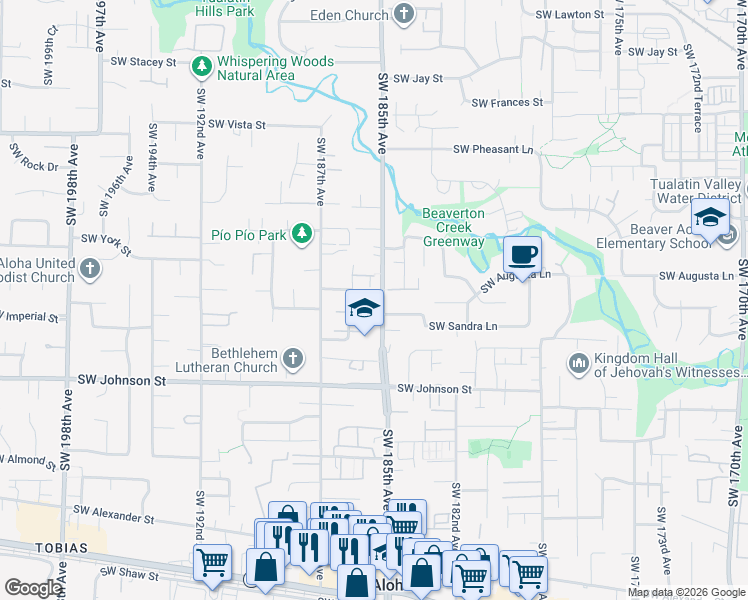 map of restaurants, bars, coffee shops, grocery stores, and more near 18517 Southwest Takena Court in Beaverton