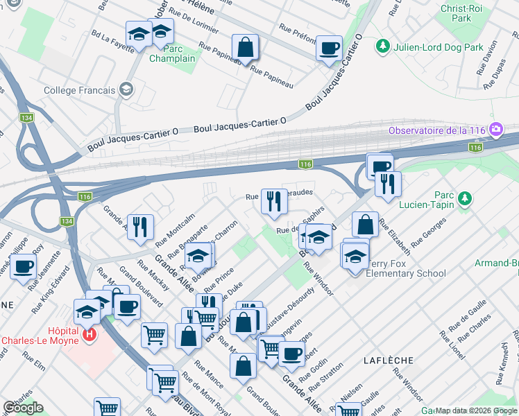 map of restaurants, bars, coffee shops, grocery stores, and more near 1793 Rue des Saphirs in Longueuil