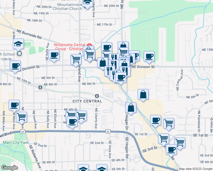 map of restaurants, bars, coffee shops, grocery stores, and more near 1584 Northeast 8th Street in Gresham
