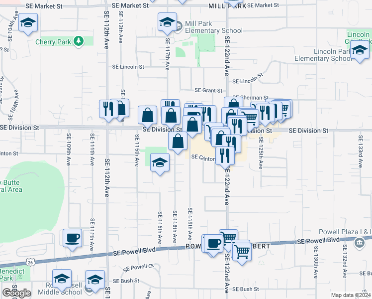 map of restaurants, bars, coffee shops, grocery stores, and more near 2639 Southeast 119th Avenue in Portland