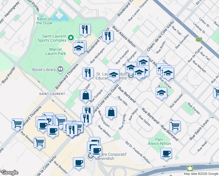 map of restaurants, bars, coffee shops, grocery stores, and more near 2555 Boulevard Cote Vertu Ouest in Montreal