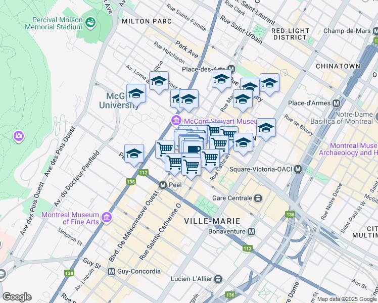 map of restaurants, bars, coffee shops, grocery stores, and more near 1801 Avenue McGill College in Montréal