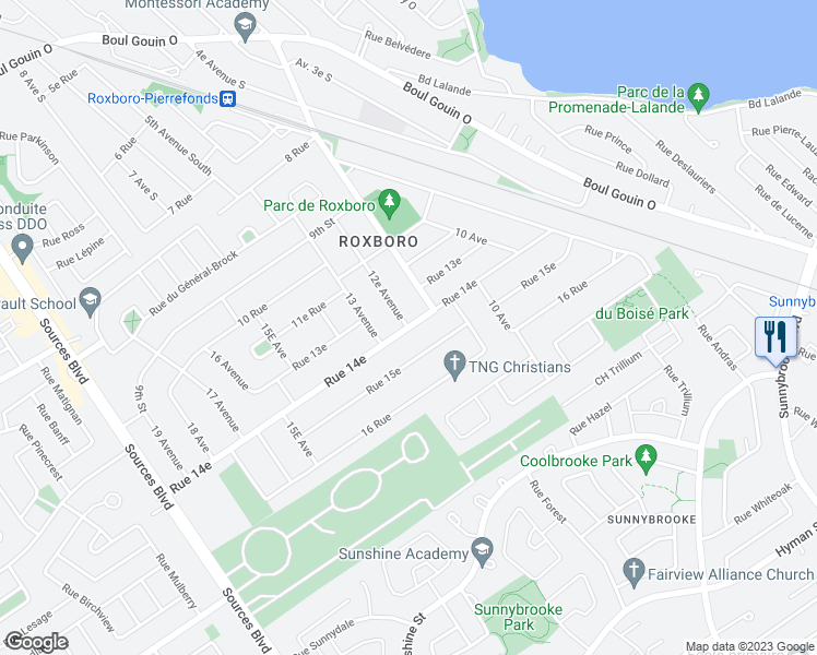 map of restaurants, bars, coffee shops, grocery stores, and more near 14 Rue in Montréal