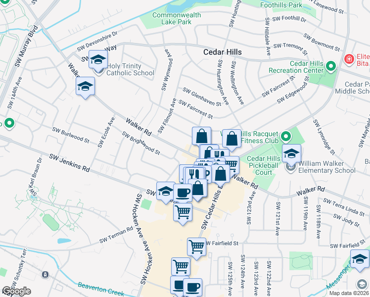 map of restaurants, bars, coffee shops, grocery stores, and more near 12905 Southwest Walker Road in Beaverton