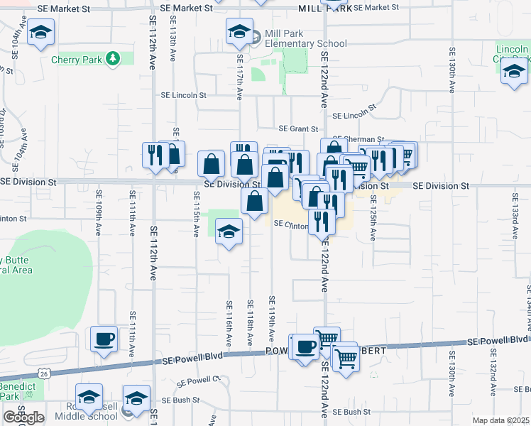 map of restaurants, bars, coffee shops, grocery stores, and more near 2641 Southeast 119th Avenue in Portland
