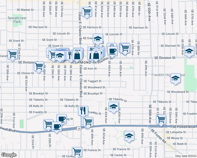 map of restaurants, bars, coffee shops, grocery stores, and more near 2809 Southeast 41st Avenue in Portland
