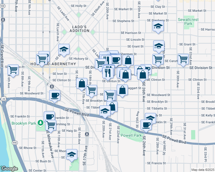 map of restaurants, bars, coffee shops, grocery stores, and more near 2806 Southeast 21st Avenue in Portland
