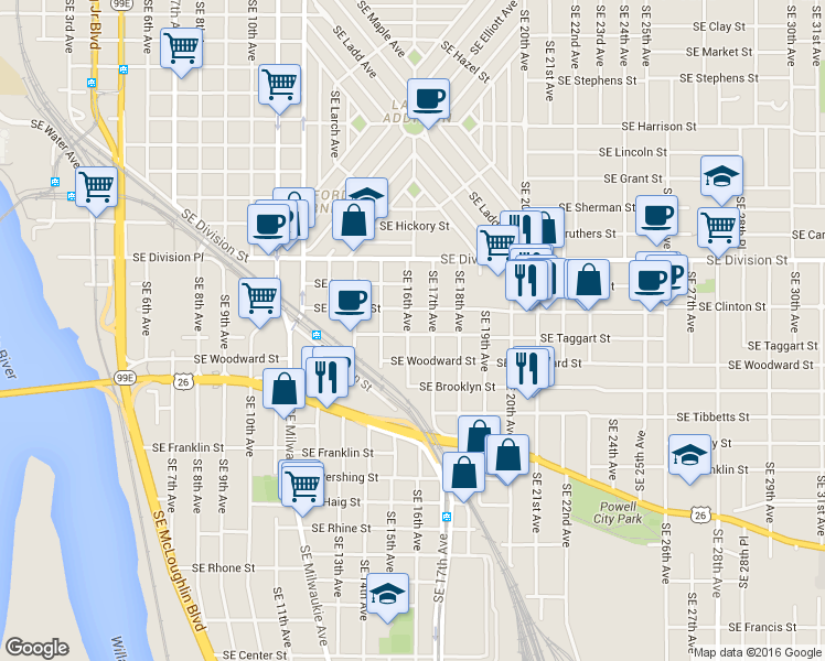 map of restaurants, bars, coffee shops, grocery stores, and more near in Portland
