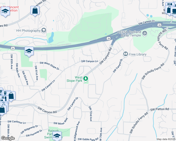 map of restaurants, bars, coffee shops, grocery stores, and more near 7201 Southwest Canyon Road in Portland