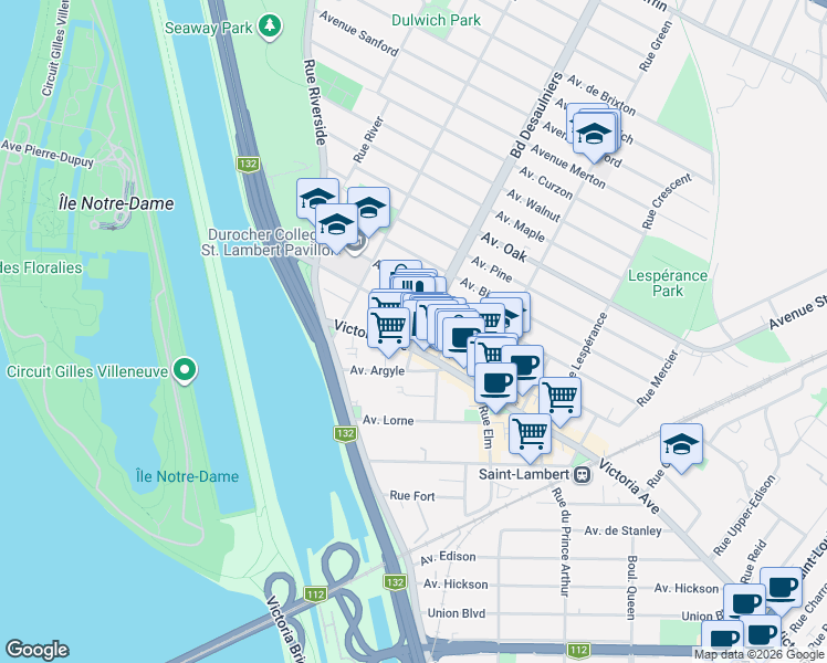 map of restaurants, bars, coffee shops, grocery stores, and more near 6 Boulevard Desaulniers in Saint-Lambert