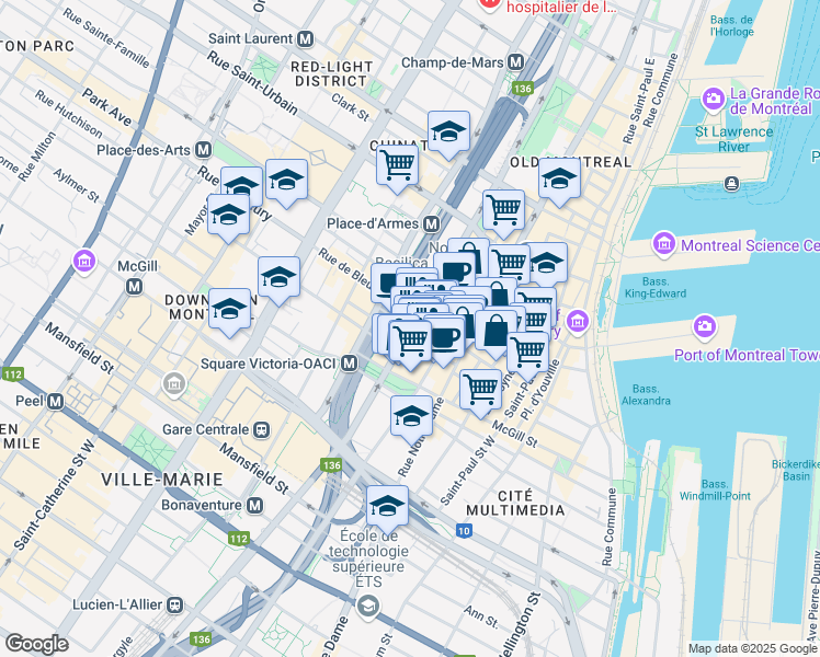 map of restaurants, bars, coffee shops, grocery stores, and more near 383 Rue Saint-Jacques in Montréal