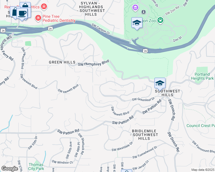 map of restaurants, bars, coffee shops, grocery stores, and more near 4344 Southwest Greenleaf Drive in Portland