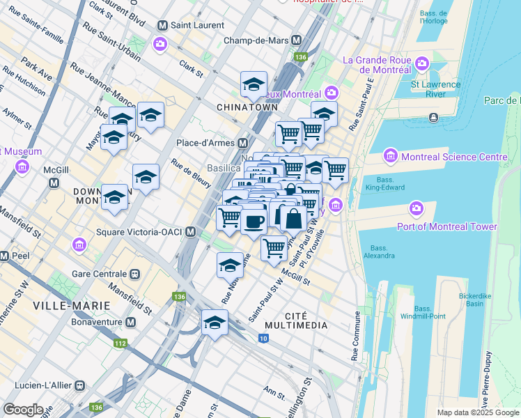 map of restaurants, bars, coffee shops, grocery stores, and more near 360 Saint Jacques Street in Montreal