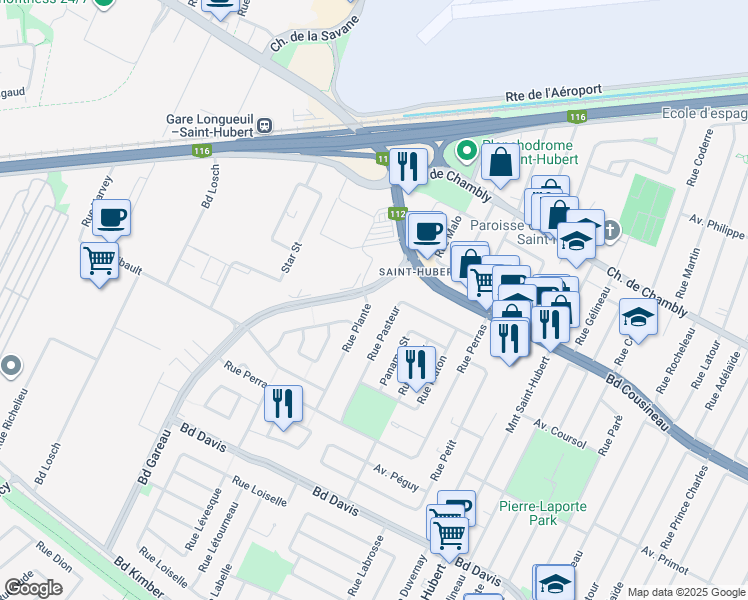 map of restaurants, bars, coffee shops, grocery stores, and more near 3175 Rue Plante in Longueuil
