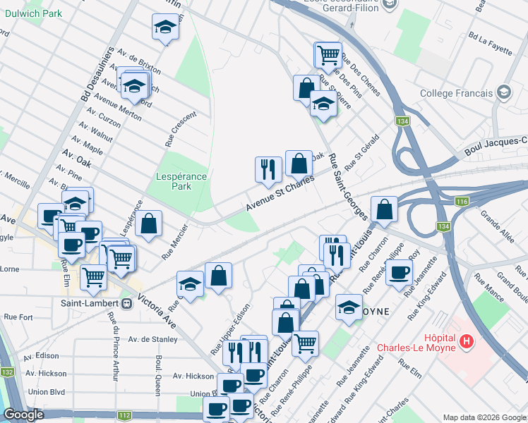 map of restaurants, bars, coffee shops, grocery stores, and more near 859 Avenue Saint Charles in Saint-Lambert