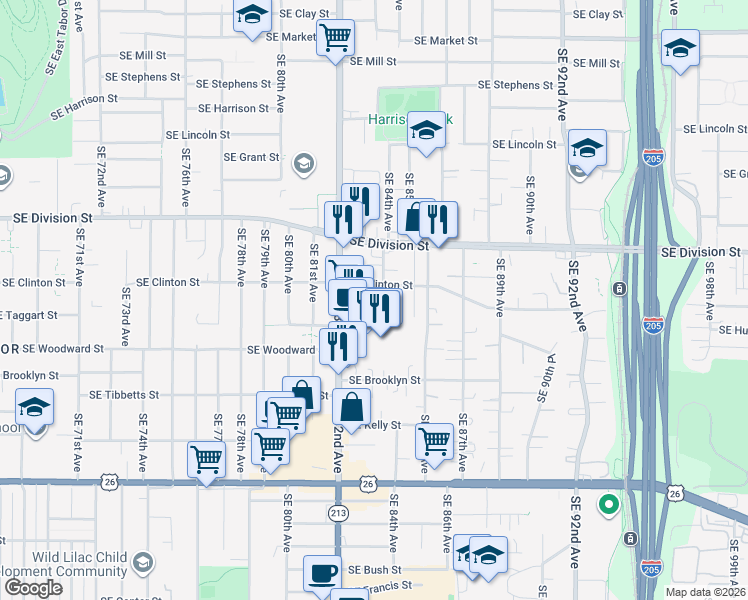 map of restaurants, bars, coffee shops, grocery stores, and more near 2771 Southeast 84th Avenue in Portland