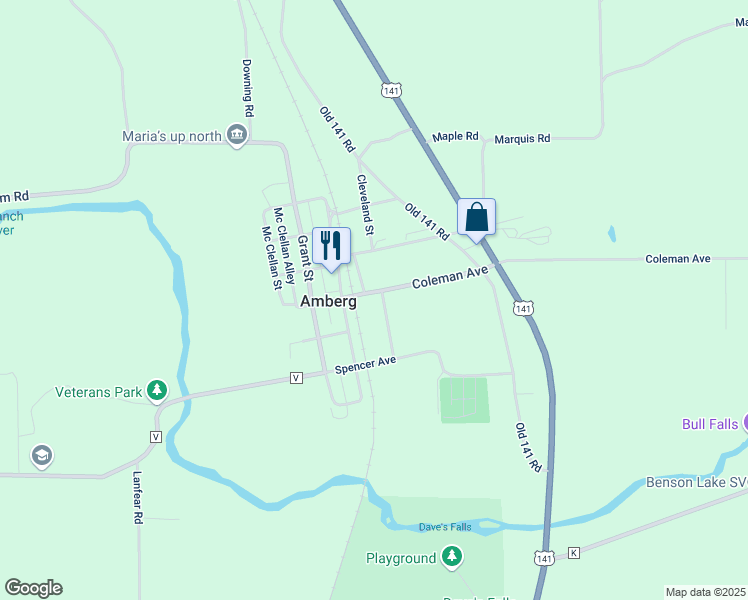 map of restaurants, bars, coffee shops, grocery stores, and more near W7985 Coleman Avenue in Amberg