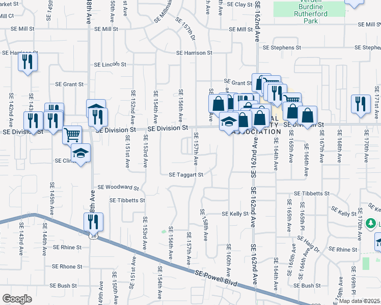 map of restaurants, bars, coffee shops, grocery stores, and more near 15656 Southeast Division Street in Portland