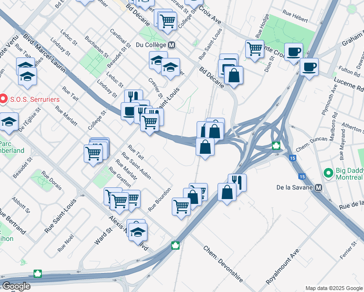 map of restaurants, bars, coffee shops, grocery stores, and more near 200 Boulevard Marcel-Laurin in Montréal