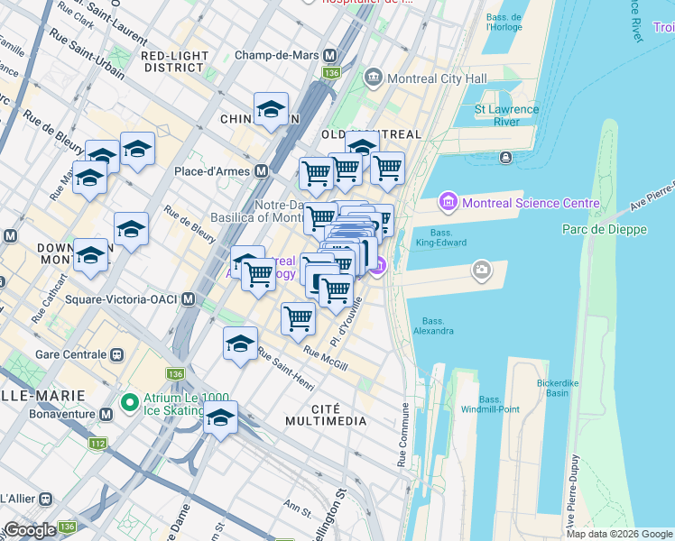map of restaurants, bars, coffee shops, grocery stores, and more near 204 Rue du Saint-Sacrement in Montréal