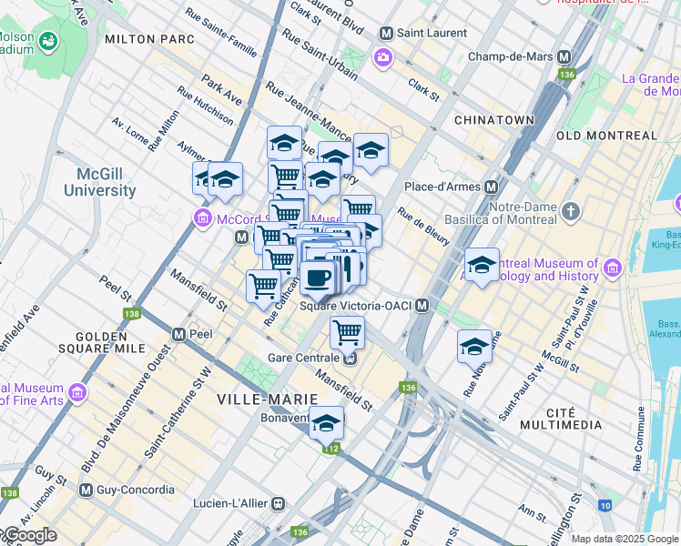 map of restaurants, bars, coffee shops, grocery stores, and more near in Montreal