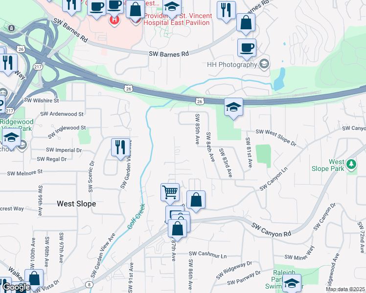 map of restaurants, bars, coffee shops, grocery stores, and more near 2340 Southwest 87th Avenue in Portland