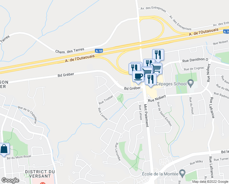 map of restaurants, bars, coffee shops, grocery stores, and more near 103 Rue Trottier in Gatineau