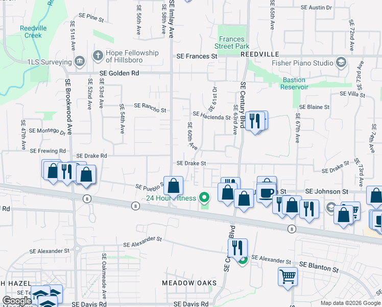 map of restaurants, bars, coffee shops, grocery stores, and more near 2282 Southeast 61st Drive in Hillsboro