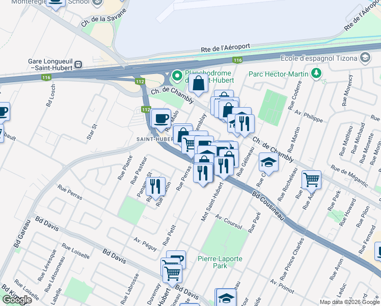 map of restaurants, bars, coffee shops, grocery stores, and more near 5125 Boulevard Cousineau in Longueuil