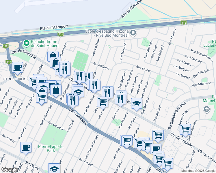map of restaurants, bars, coffee shops, grocery stores, and more near 1697 Rue Latour in Longueuil