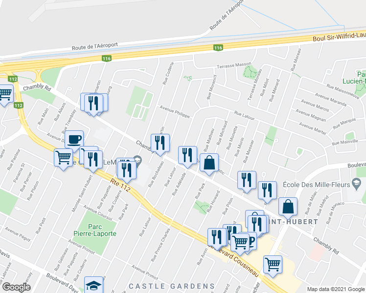map of restaurants, bars, coffee shops, grocery stores, and more near 1720 Rue Latour in Longueuil