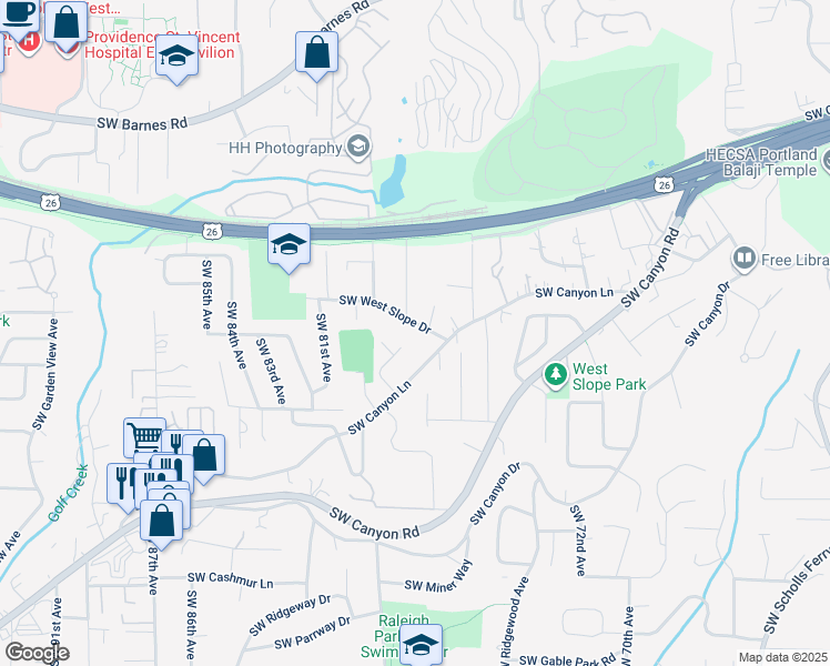 map of restaurants, bars, coffee shops, grocery stores, and more near 7760 Southwest West Slope Drive in Portland