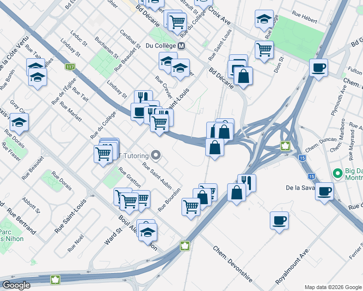 map of restaurants, bars, coffee shops, grocery stores, and more near 200 Boulevard Marcel-Laurin in Montréal