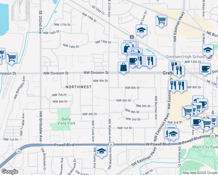 map of restaurants, bars, coffee shops, grocery stores, and more near Northwest Wallula Avenue in Gresham