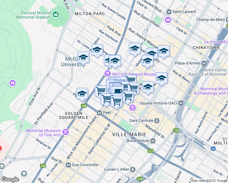 map of restaurants, bars, coffee shops, grocery stores, and more near 850 Boulevard de Maisonneuve Ouest in Montreal