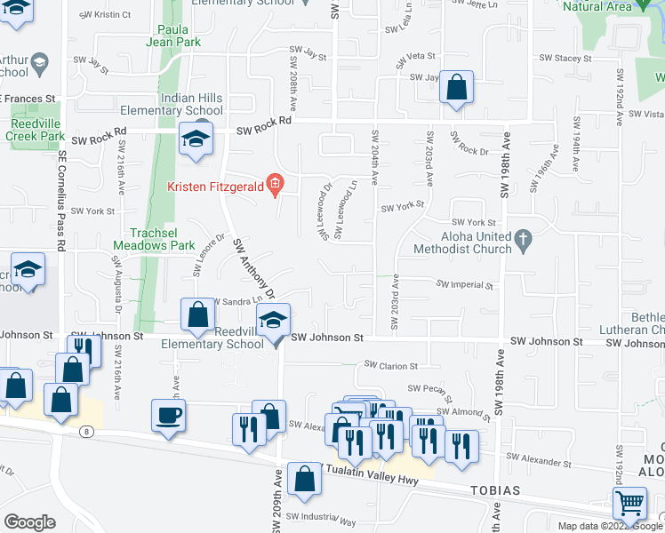 map of restaurants, bars, coffee shops, grocery stores, and more near 20629 Southwest Imperial Lane in Beaverton