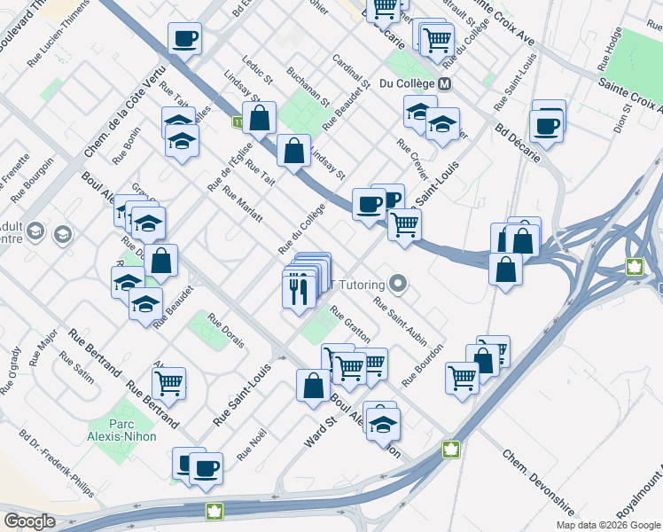 map of restaurants, bars, coffee shops, grocery stores, and more near 460 Rue Saint-Aubin in Montréal