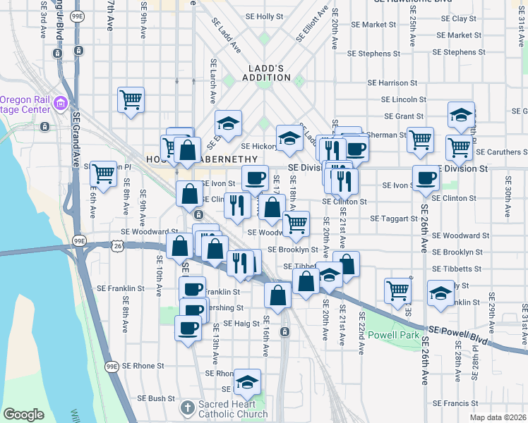 map of restaurants, bars, coffee shops, grocery stores, and more near 1603 Southeast Taggart Street in Portland
