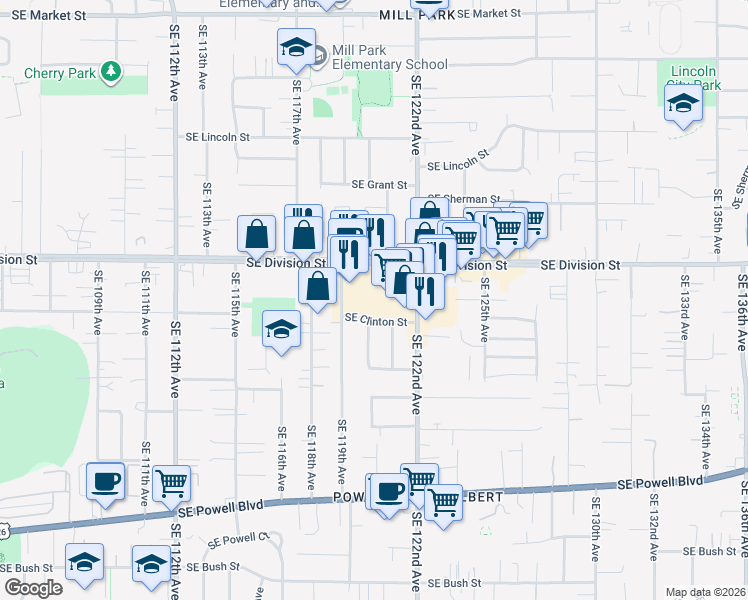 map of restaurants, bars, coffee shops, grocery stores, and more near 12122 Southeast Division Street in Portland