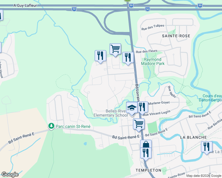 map of restaurants, bars, coffee shops, grocery stores, and more near 186 Rue Henri-Matisse in Gatineau