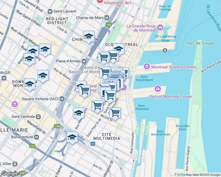 map of restaurants, bars, coffee shops, grocery stores, and more near 179 Rue Saint-Paul Ouest in Montréal