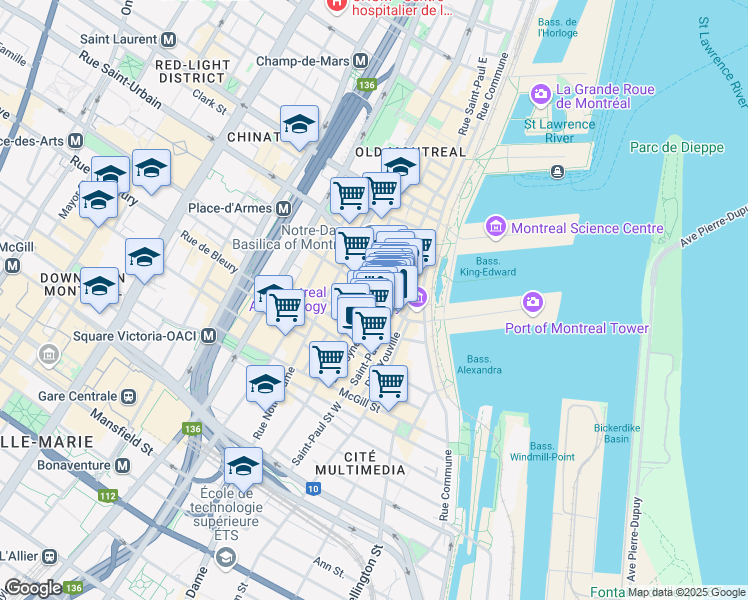 map of restaurants, bars, coffee shops, grocery stores, and more near 204 Rue du Saint-Sacrement in Montréal