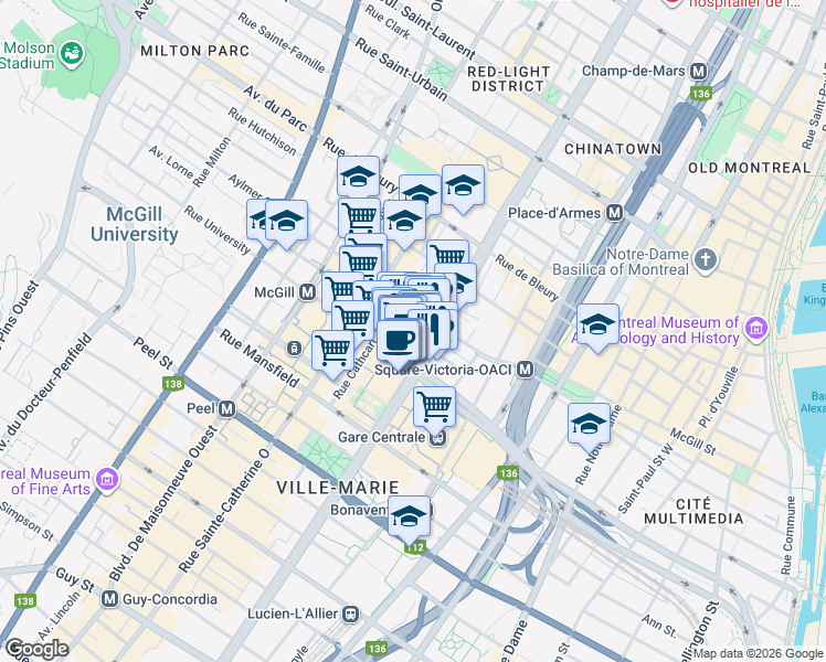 map of restaurants, bars, coffee shops, grocery stores, and more near 1188 Avenue Union in Montréal